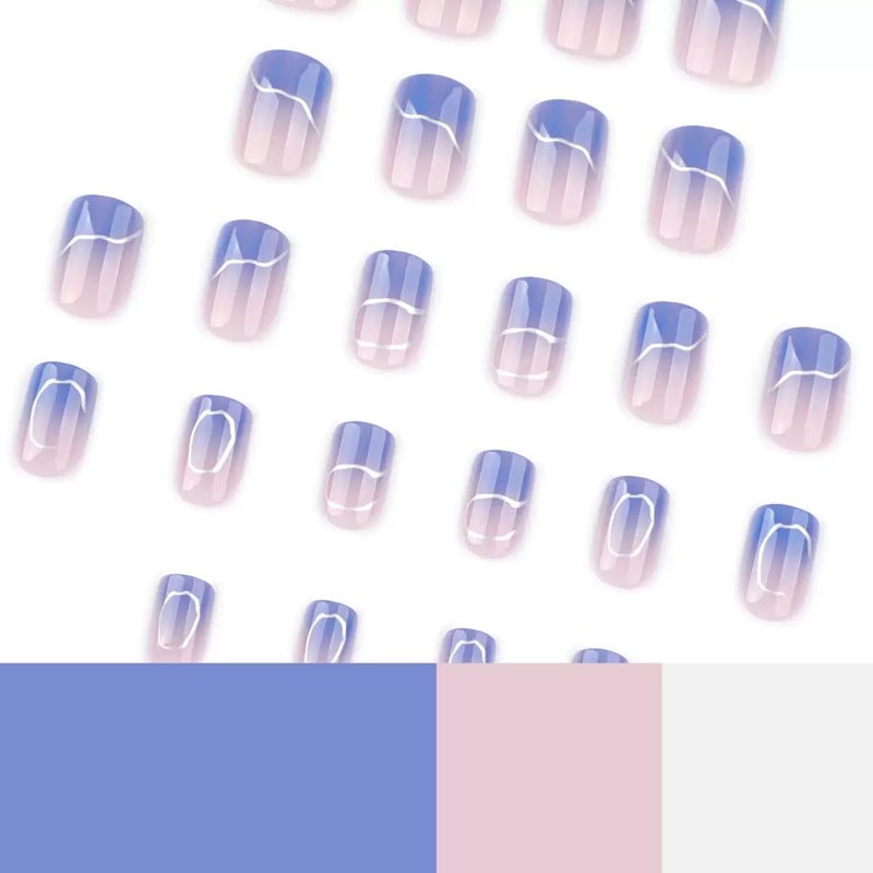 CTTHNBD Press on Nails Short - Square Fake Nails with Silver Irragular Design - Blue Ombre False Nails Press ons - for Women 24 Pcs - Image 4